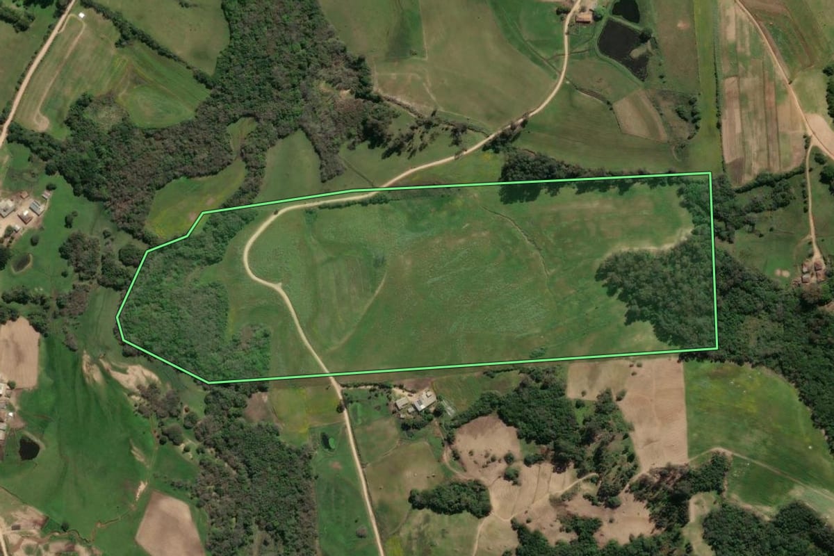 Imagem de satélite do imóvel rural em São Lourenço do Sul (RS), com o contorno declarado no CAR desenhado por cima.