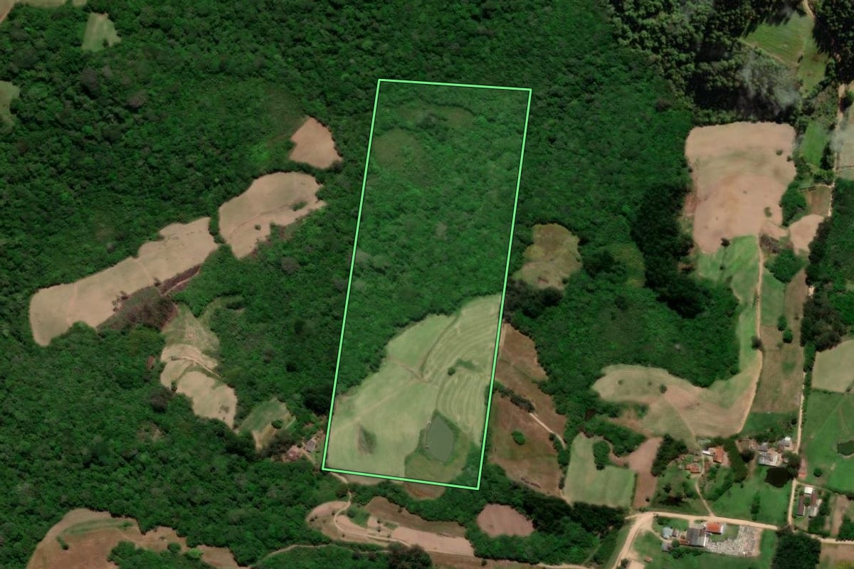 Imagem de satélite do imóvel rural em São Lourenço do Sul (RS), com o contorno declarado no CAR desenhado por cima.