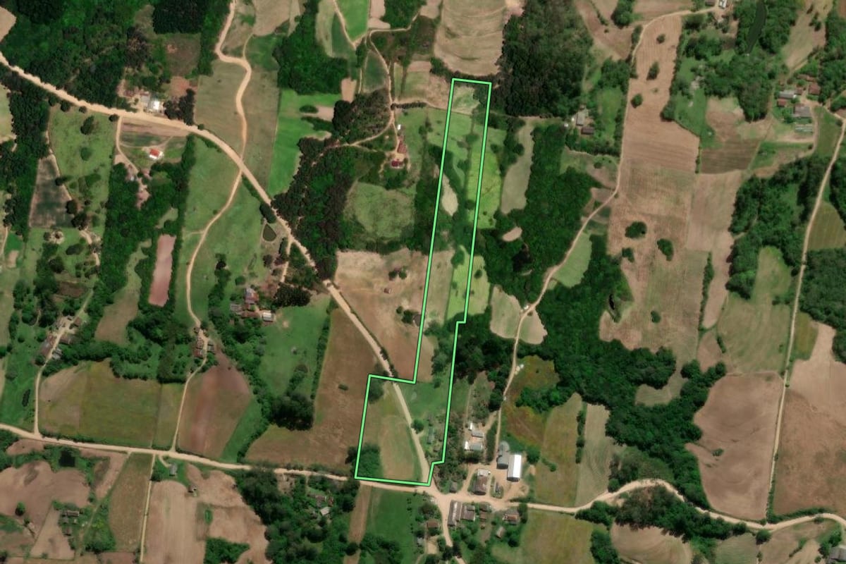 Imagem de satélite do imóvel rural em São Lourenço do Sul (RS), com o contorno declarado no CAR desenhado por cima.