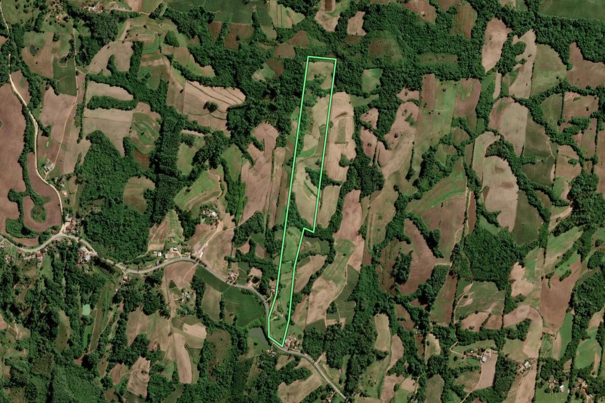 Imagem de satélite do imóvel rural em São Lourenço do Sul (RS), com o contorno declarado no CAR desenhado por cima.