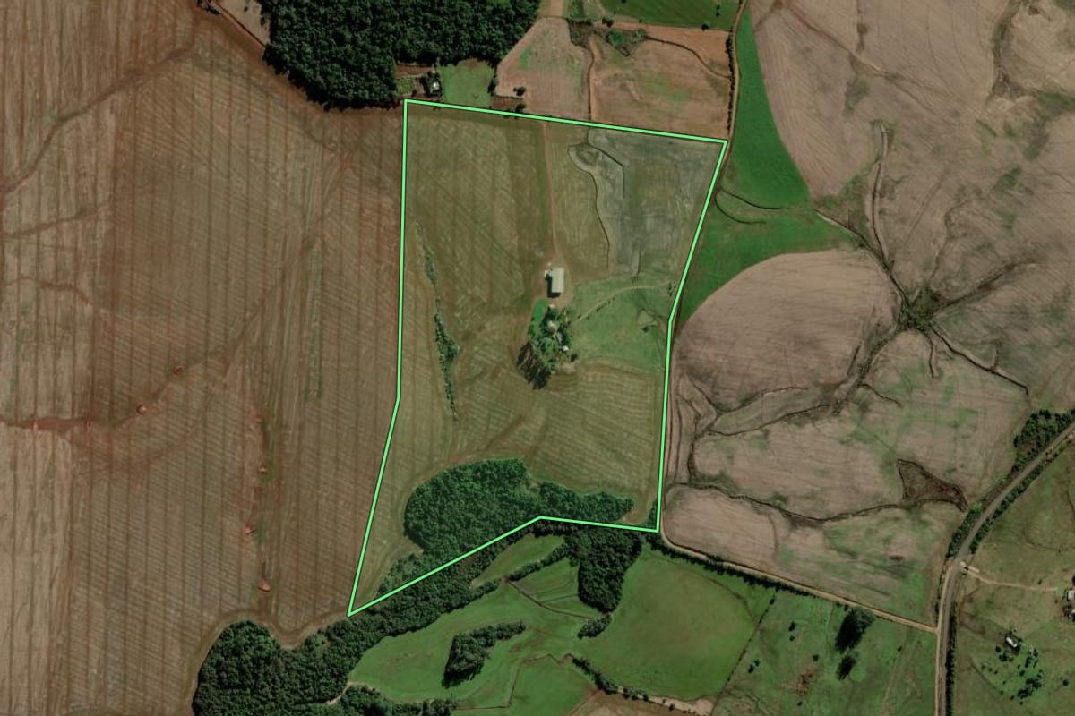 Imagem de satélite do imóvel rural em São Luiz Gonzaga (RS), com o contorno declarado no CAR desenhado por cima.