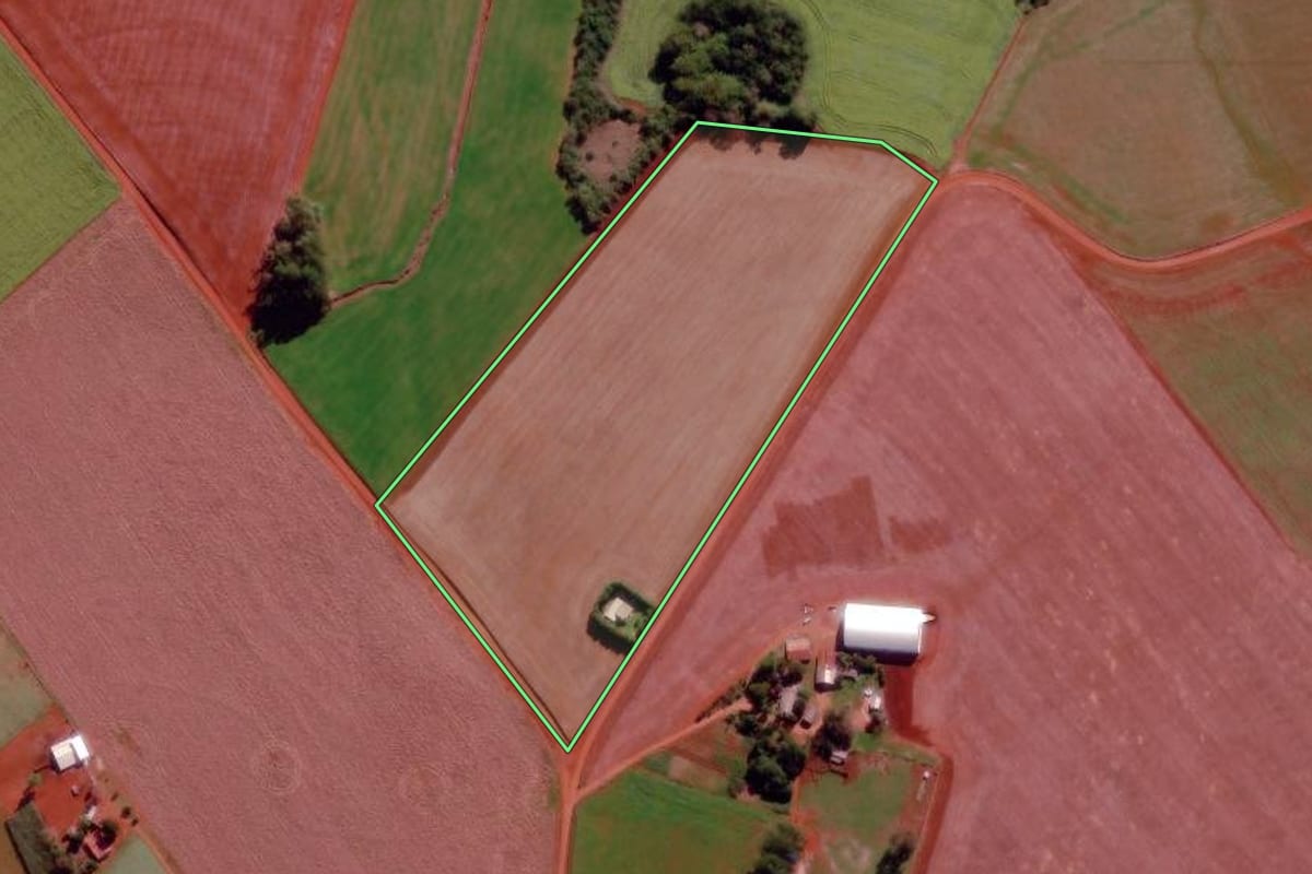 Imagem de satélite do imóvel rural em São Luiz Gonzaga (RS), com o contorno declarado no CAR desenhado por cima.
