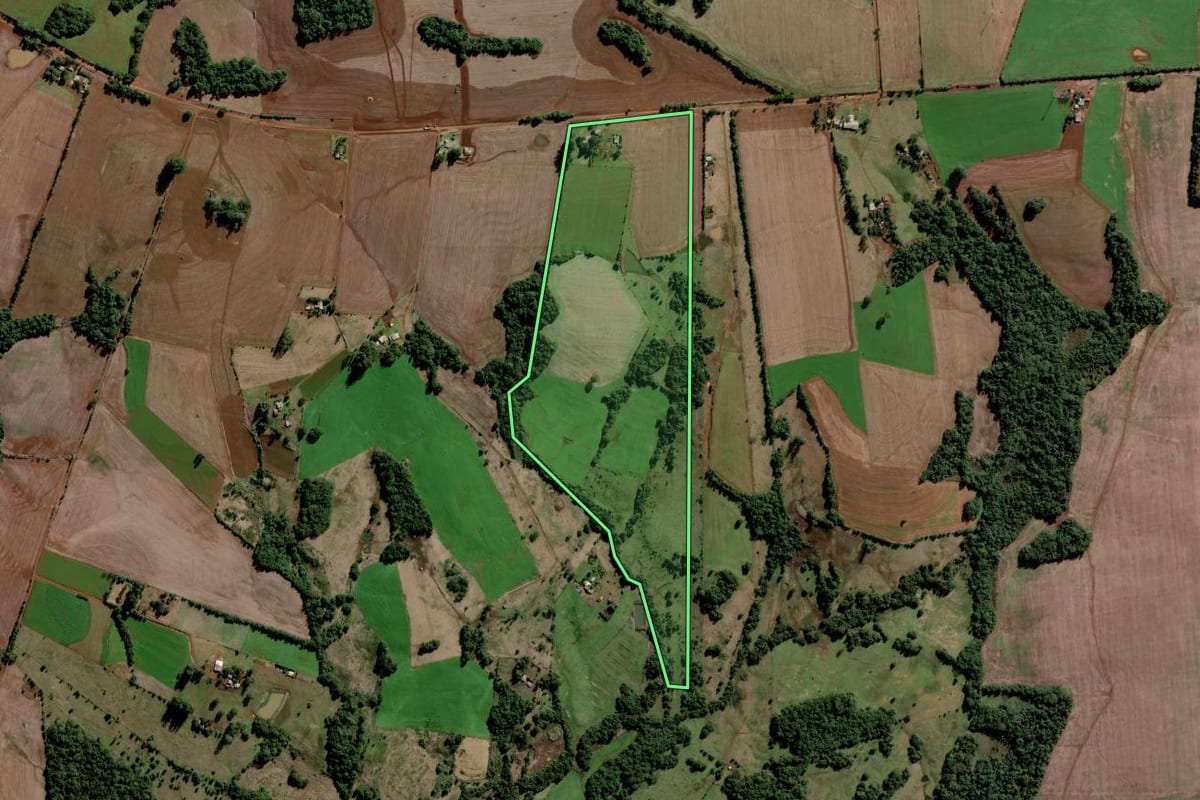 Imagem de satélite do imóvel rural em São Luiz Gonzaga (RS), com o contorno declarado no CAR desenhado por cima.