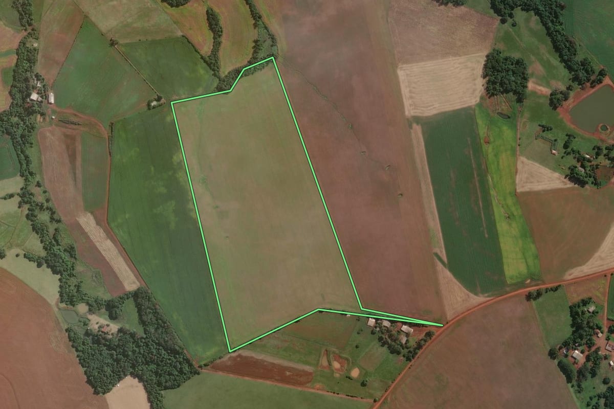Imagem de satélite do imóvel rural em São Luiz Gonzaga (RS), com o contorno declarado no CAR desenhado por cima.