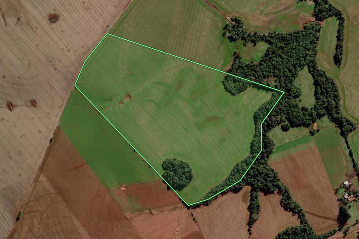 Imagem de satélite do imóvel rural em São Luiz Gonzaga (RS), com o contorno declarado no CAR desenhado por cima.