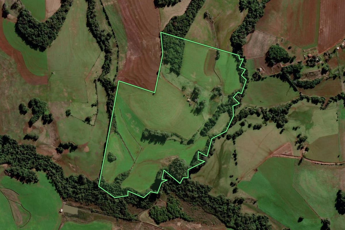 Imagem de satélite do imóvel rural em São Luiz Gonzaga (RS), com o contorno declarado no CAR desenhado por cima.