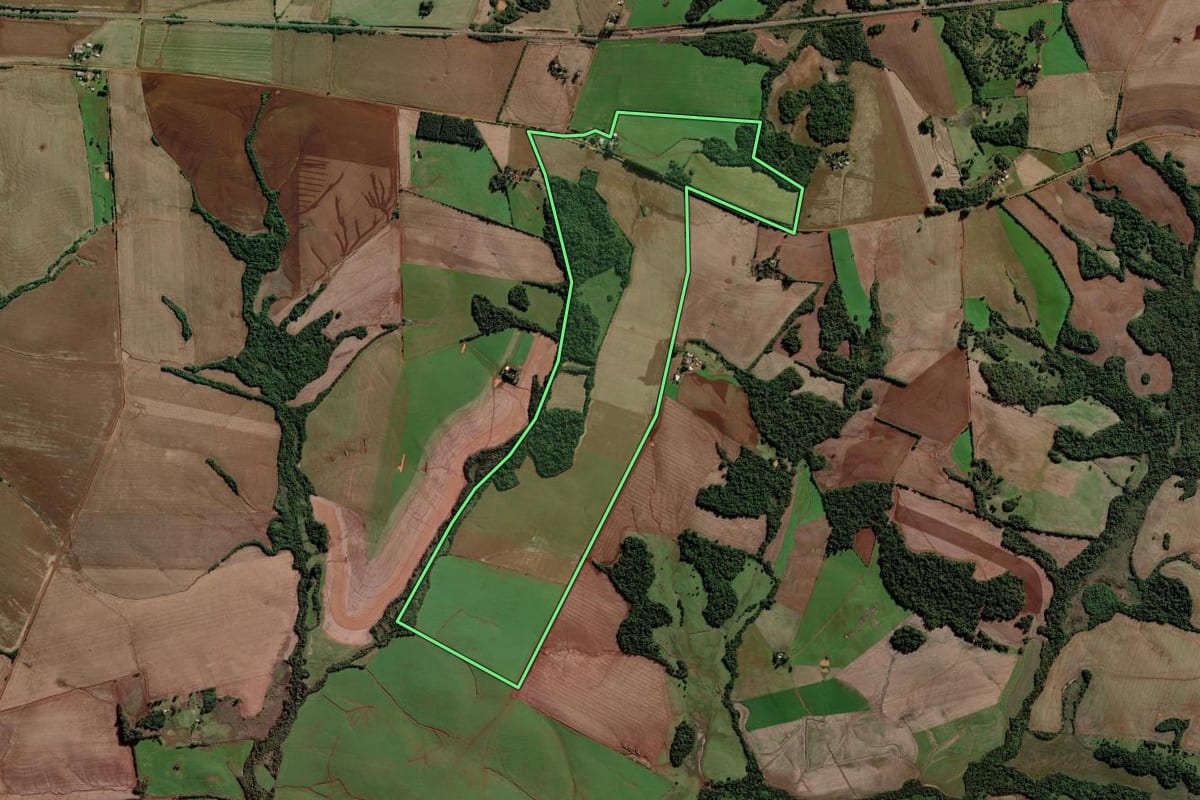 Imagem de satélite do imóvel rural em São Luiz Gonzaga (RS), com o contorno declarado no CAR desenhado por cima.