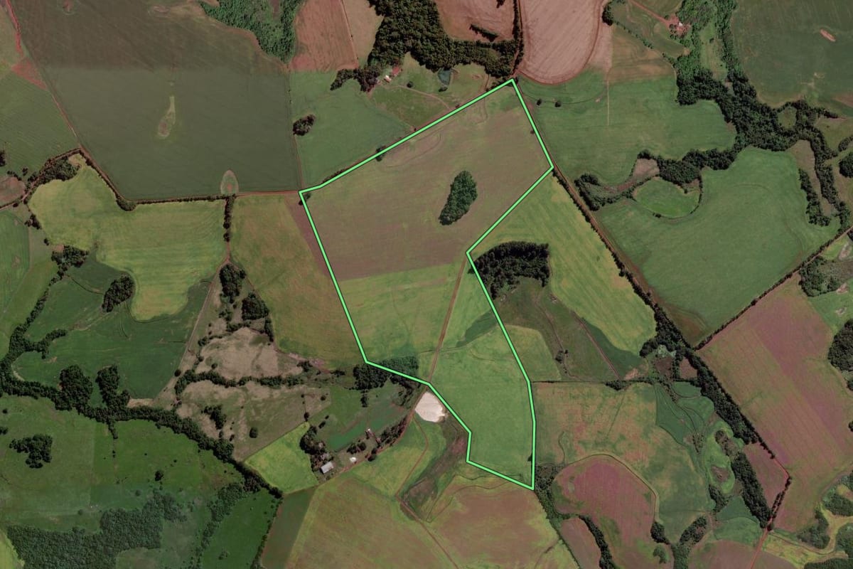 Imagem de satélite do imóvel rural em São Luiz Gonzaga (RS), com o contorno declarado no CAR desenhado por cima.