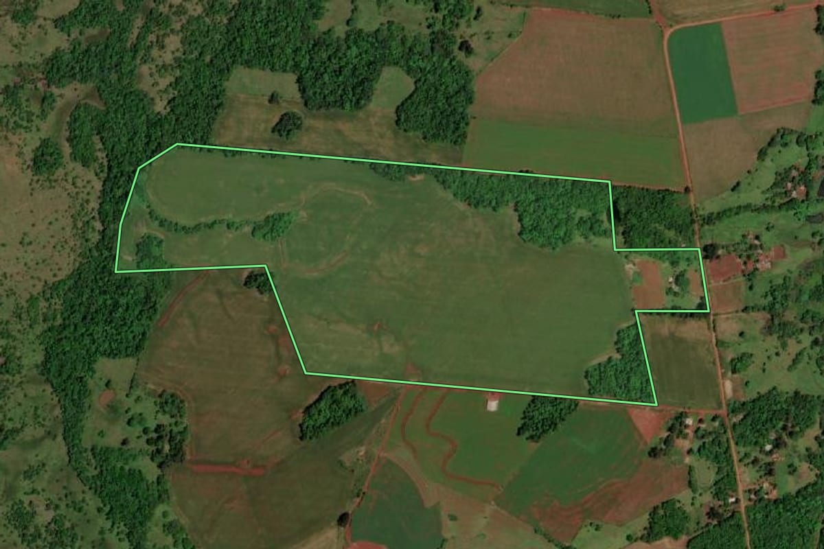 Imagem de satélite do imóvel rural em São Luiz Gonzaga (RS), com o contorno declarado no CAR desenhado por cima.