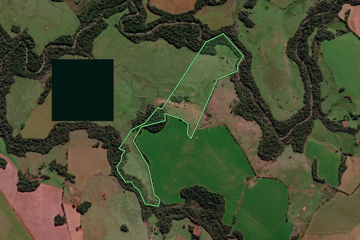 Imagem de satélite do imóvel rural em São Luiz Gonzaga (RS), com o contorno declarado no CAR desenhado por cima.