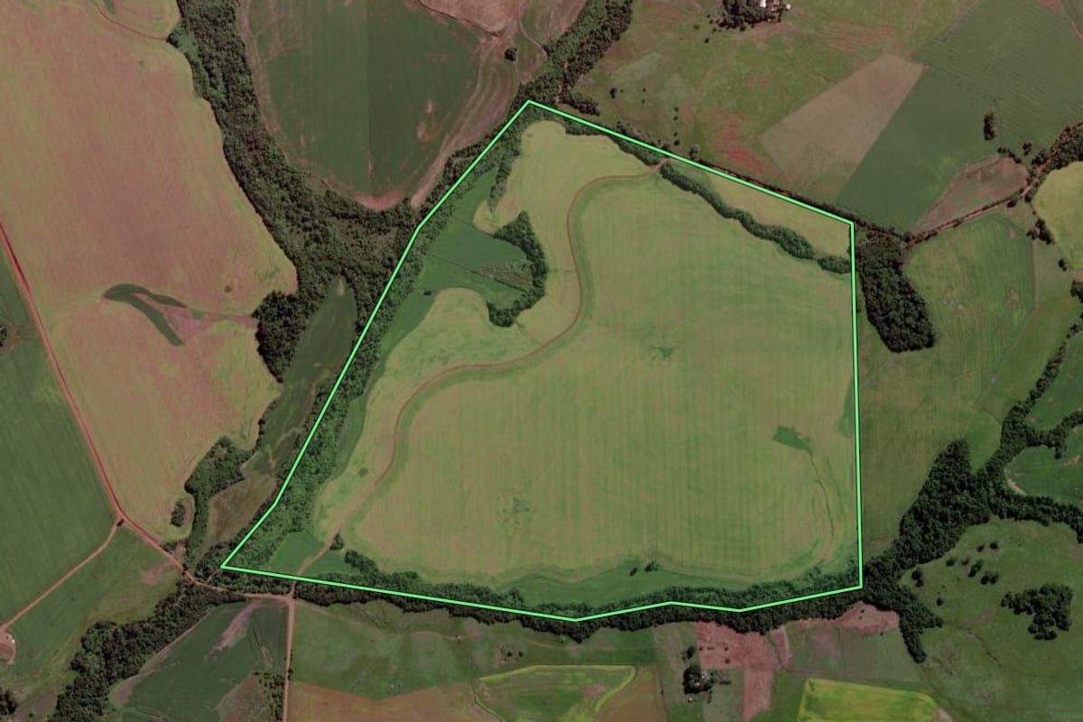 Imagem de satélite do imóvel rural em São Luiz Gonzaga (RS), com o contorno declarado no CAR desenhado por cima.