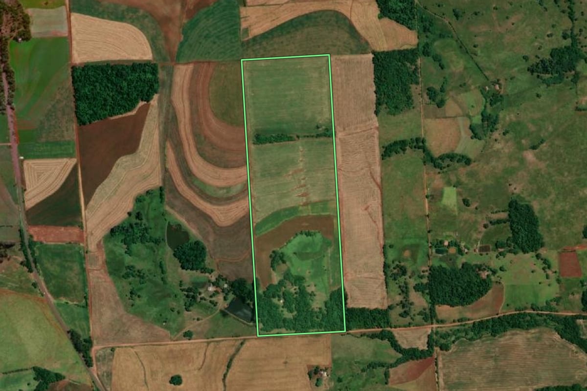 Imagem de satélite do imóvel rural em São Luiz Gonzaga (RS), com o contorno declarado no CAR desenhado por cima.