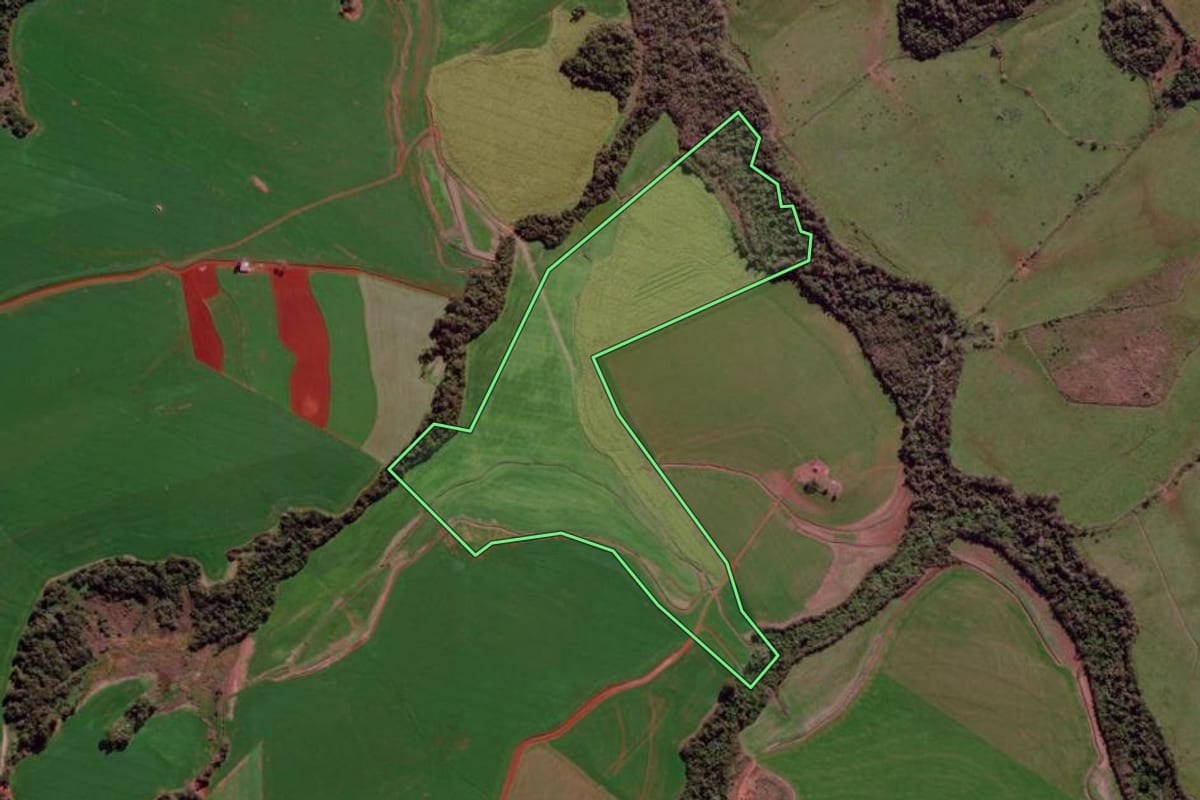 Imagem de satélite do imóvel rural em São Luiz Gonzaga (RS), com o contorno declarado no CAR desenhado por cima.