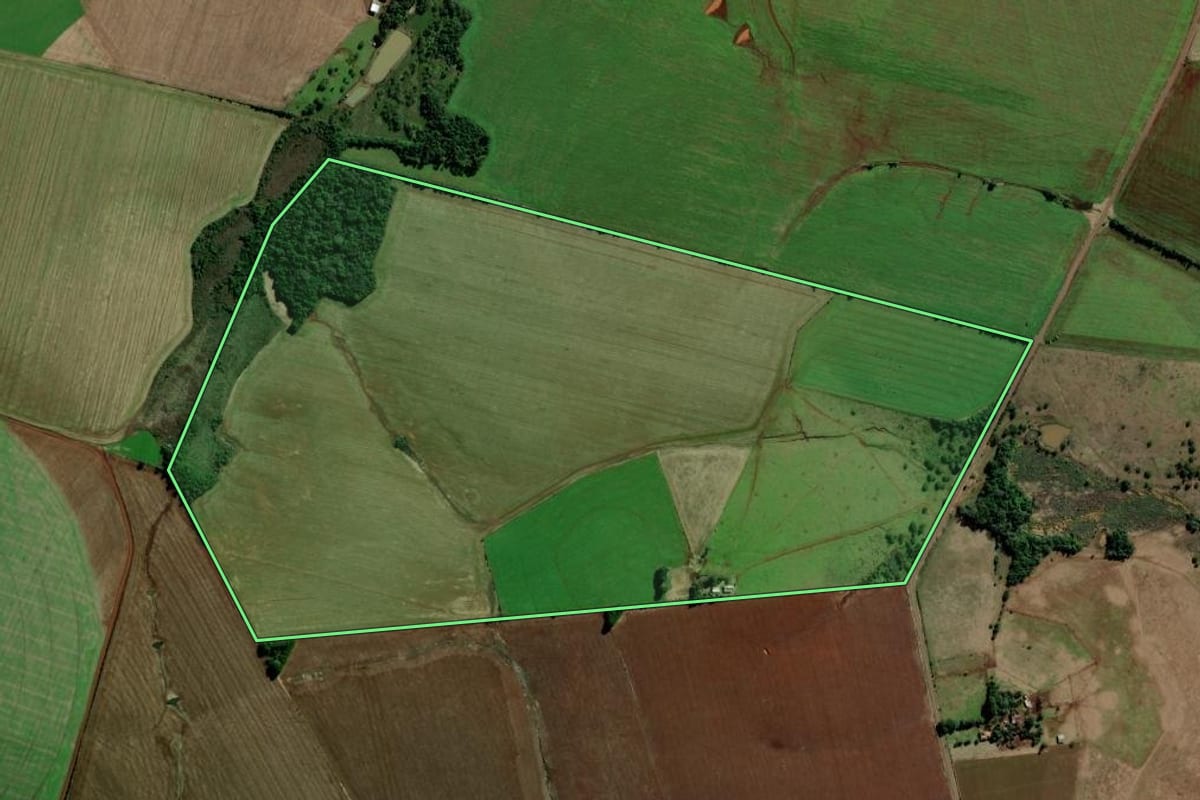 Imagem de satélite do imóvel rural em São Luiz Gonzaga (RS), com o contorno declarado no CAR desenhado por cima.
