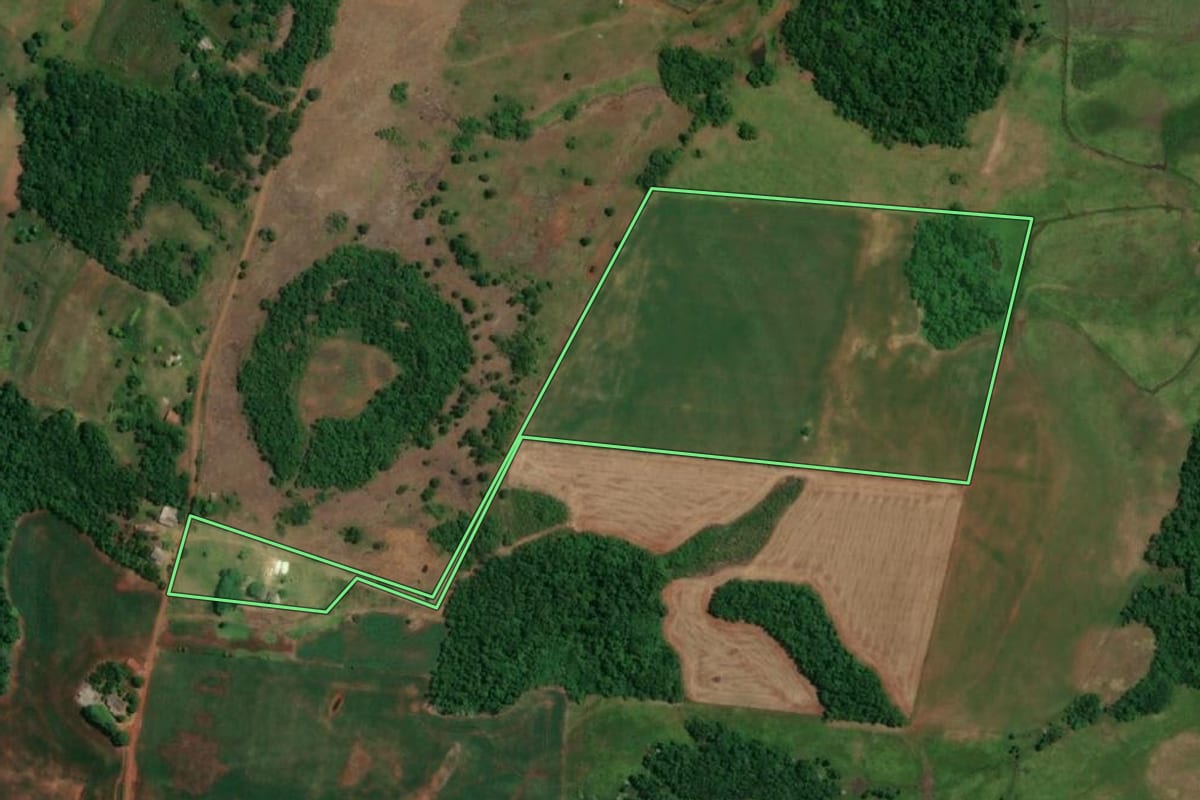 Imagem de satélite do imóvel rural em São Luiz Gonzaga (RS), com o contorno declarado no CAR desenhado por cima.