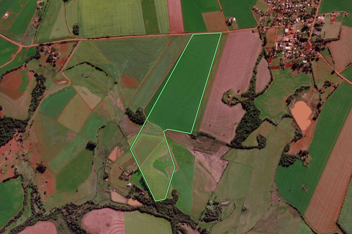 Imagem de satélite do imóvel rural em São Luiz Gonzaga (RS), com o contorno declarado no CAR desenhado por cima.