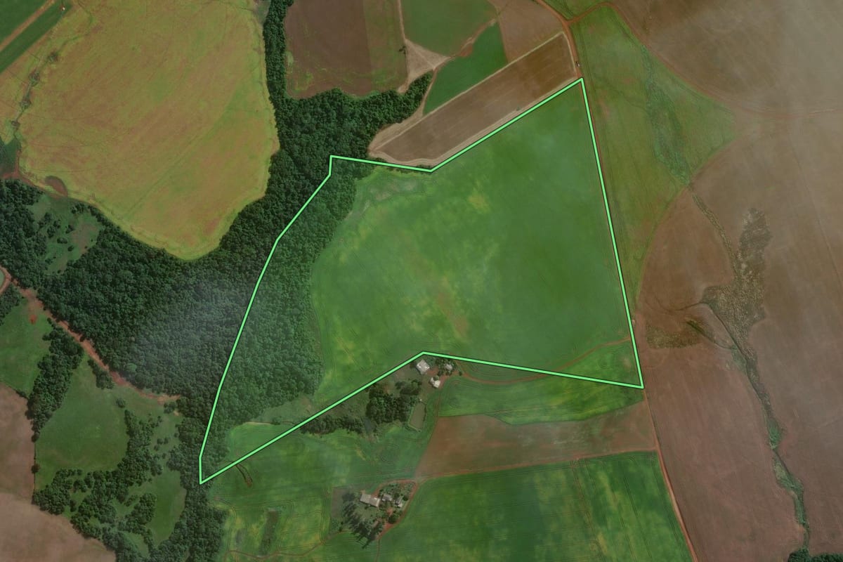 Imagem de satélite do imóvel rural em São Luiz Gonzaga (RS), com o contorno declarado no CAR desenhado por cima.