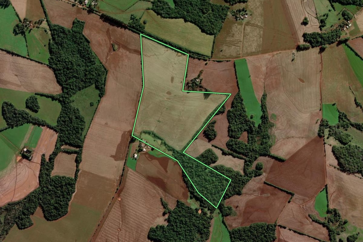 Imagem de satélite do imóvel rural em São Luiz Gonzaga (RS), com o contorno declarado no CAR desenhado por cima.
