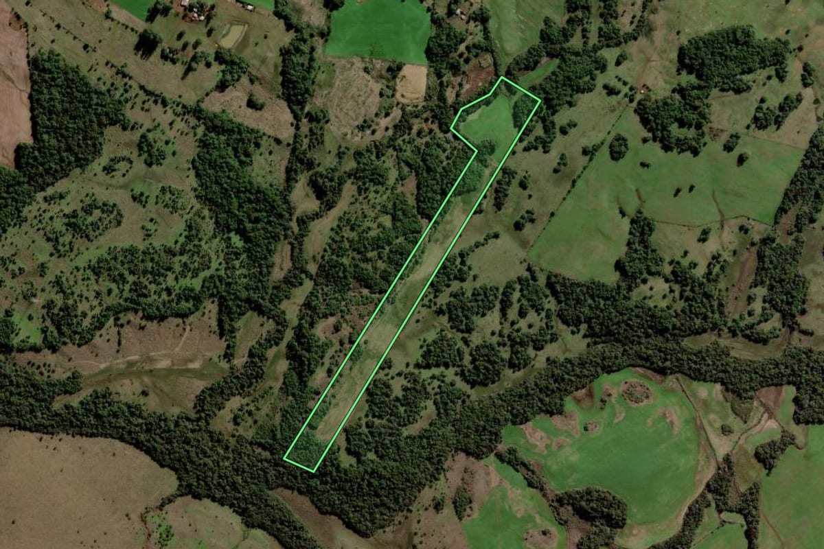 Imagem de satélite do imóvel rural em São Luiz Gonzaga (RS), com o contorno declarado no CAR desenhado por cima.