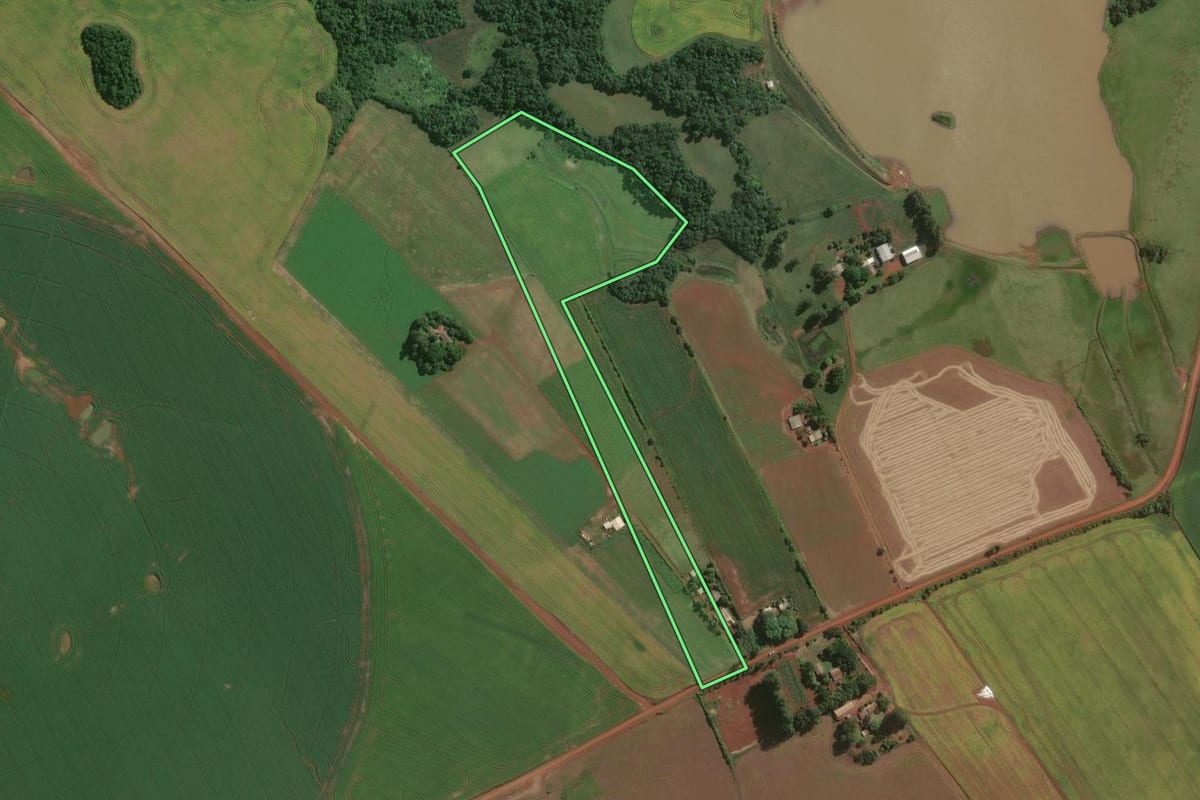 Imagem de satélite do imóvel rural em São Luiz Gonzaga (RS), com o contorno declarado no CAR desenhado por cima.