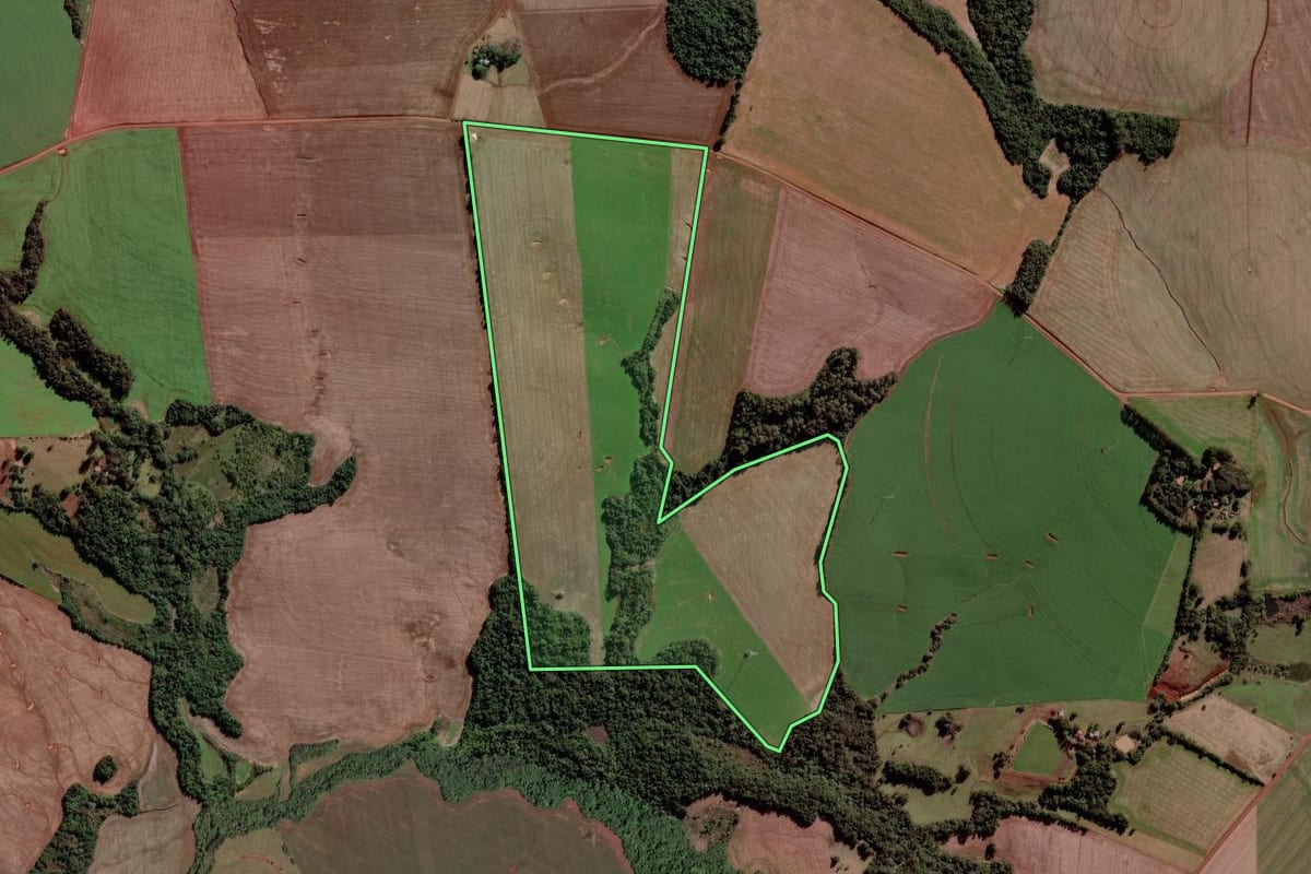 Imagem de satélite do imóvel rural em São Luiz Gonzaga (RS), com o contorno declarado no CAR desenhado por cima.