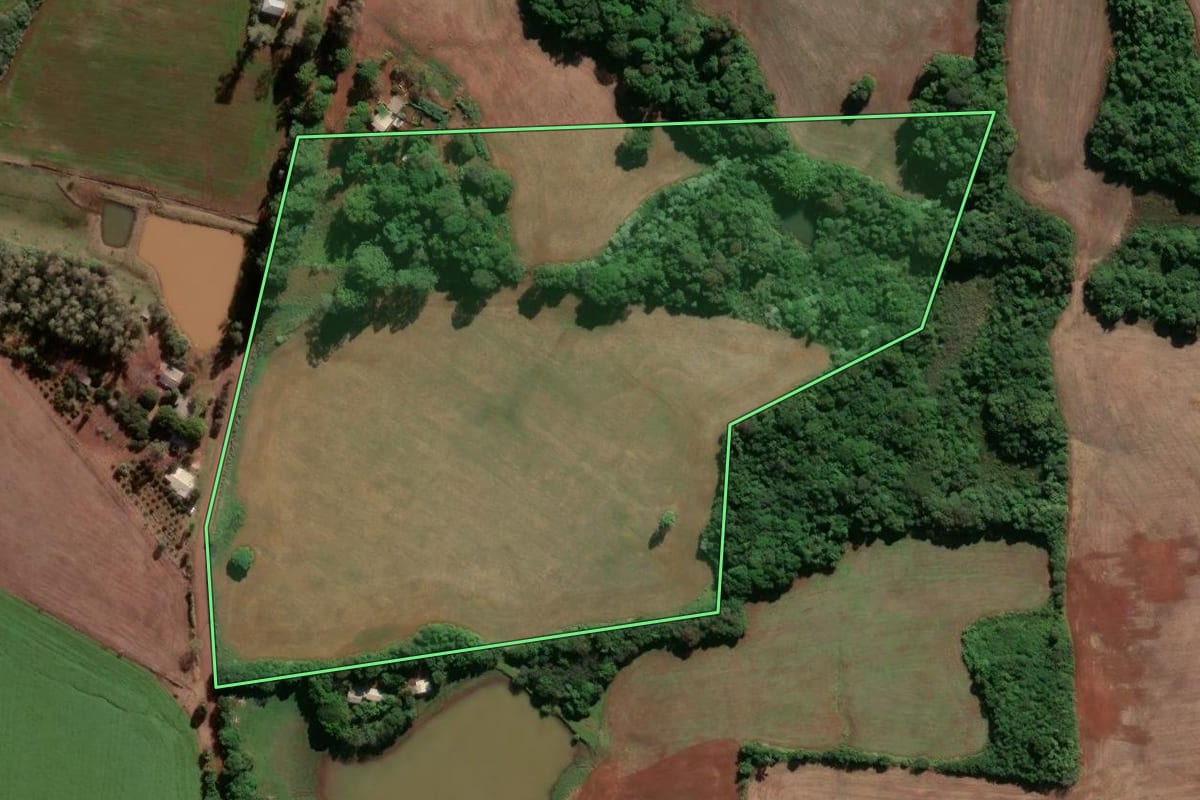 Imagem de satélite do imóvel rural em São Luiz Gonzaga (RS), com o contorno declarado no CAR desenhado por cima.