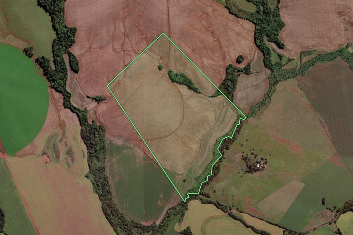 Imagem de satélite do imóvel rural em São Luiz Gonzaga (RS), com o contorno declarado no CAR desenhado por cima.