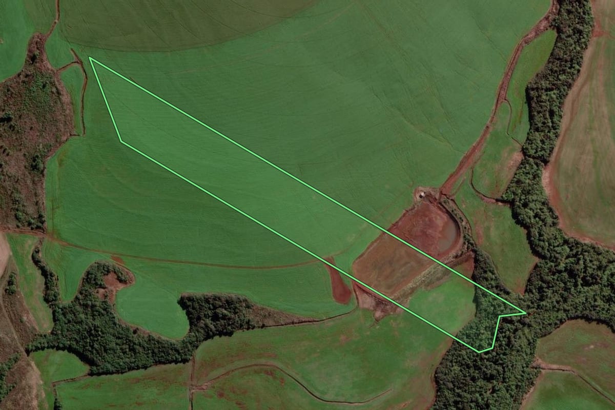 Imagem de satélite do imóvel rural em São Luiz Gonzaga (RS), com o contorno declarado no CAR desenhado por cima.