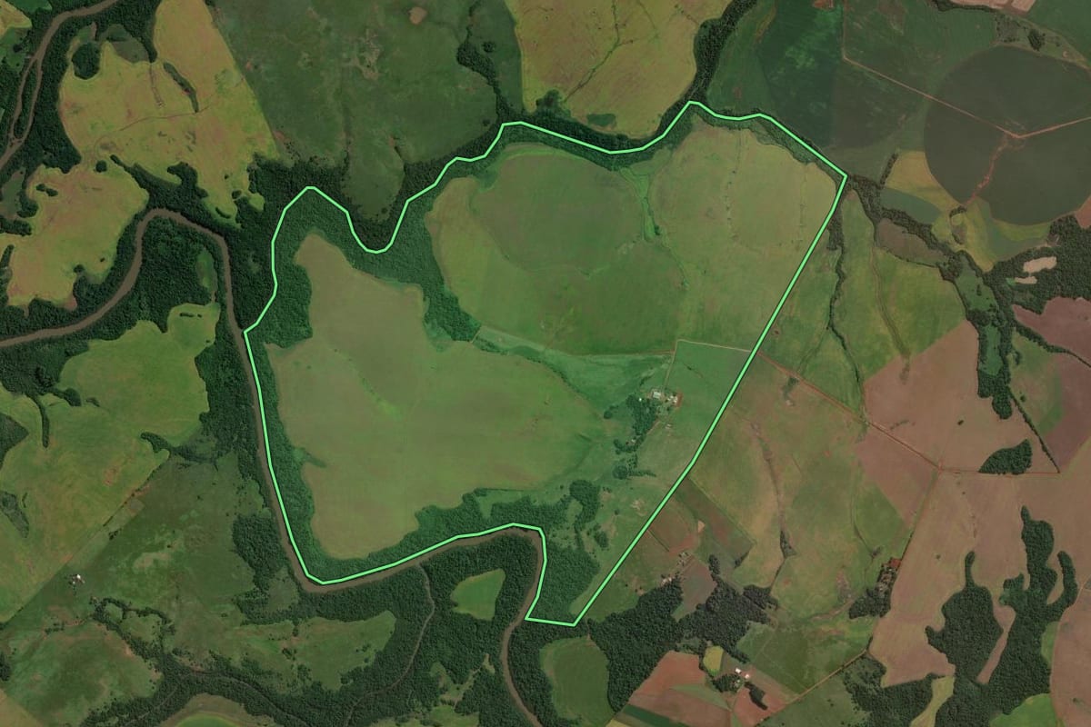 Imagem de satélite do imóvel rural em São Luiz Gonzaga (RS), com o contorno declarado no CAR desenhado por cima.