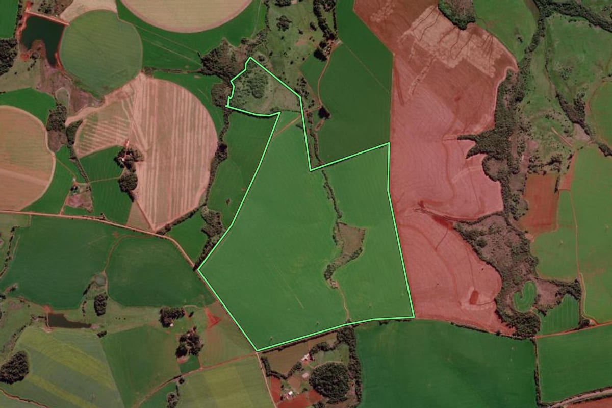 Imagem de satélite do imóvel rural em São Luiz Gonzaga (RS), com o contorno declarado no CAR desenhado por cima.