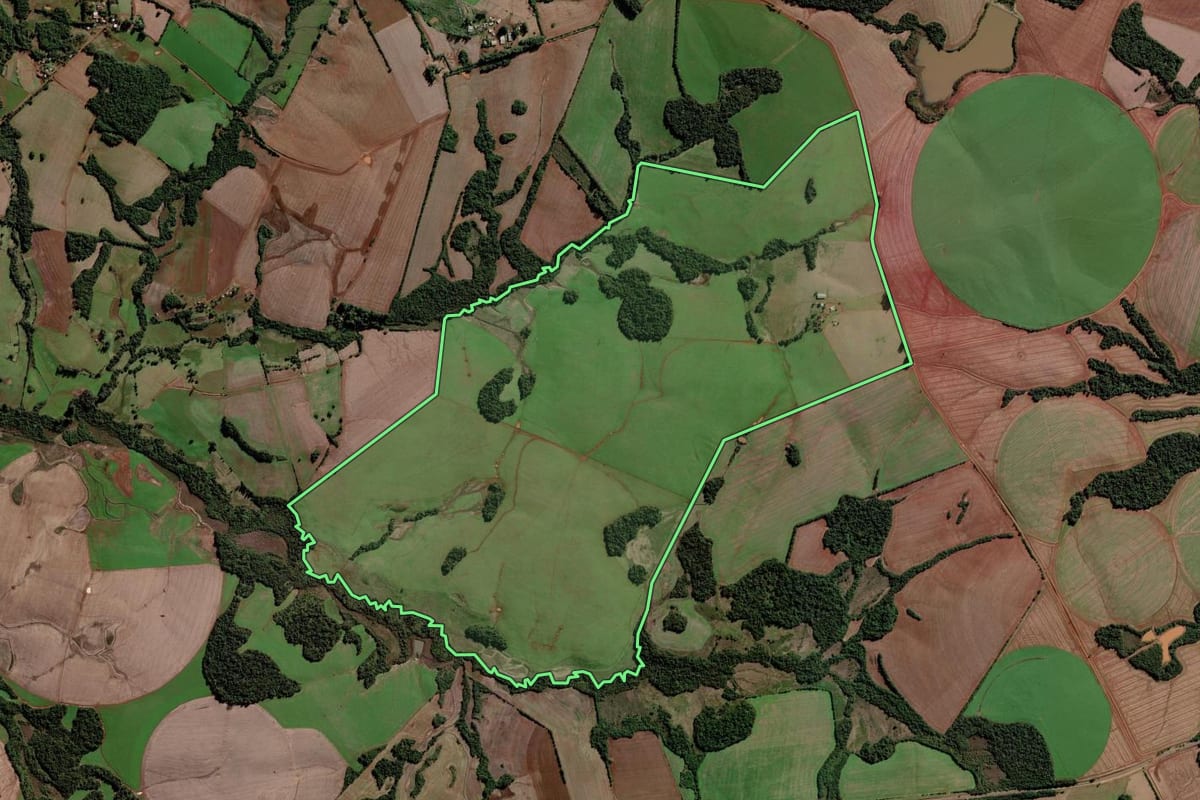 Imagem de satélite do imóvel rural em São Luiz Gonzaga (RS), com o contorno declarado no CAR desenhado por cima.