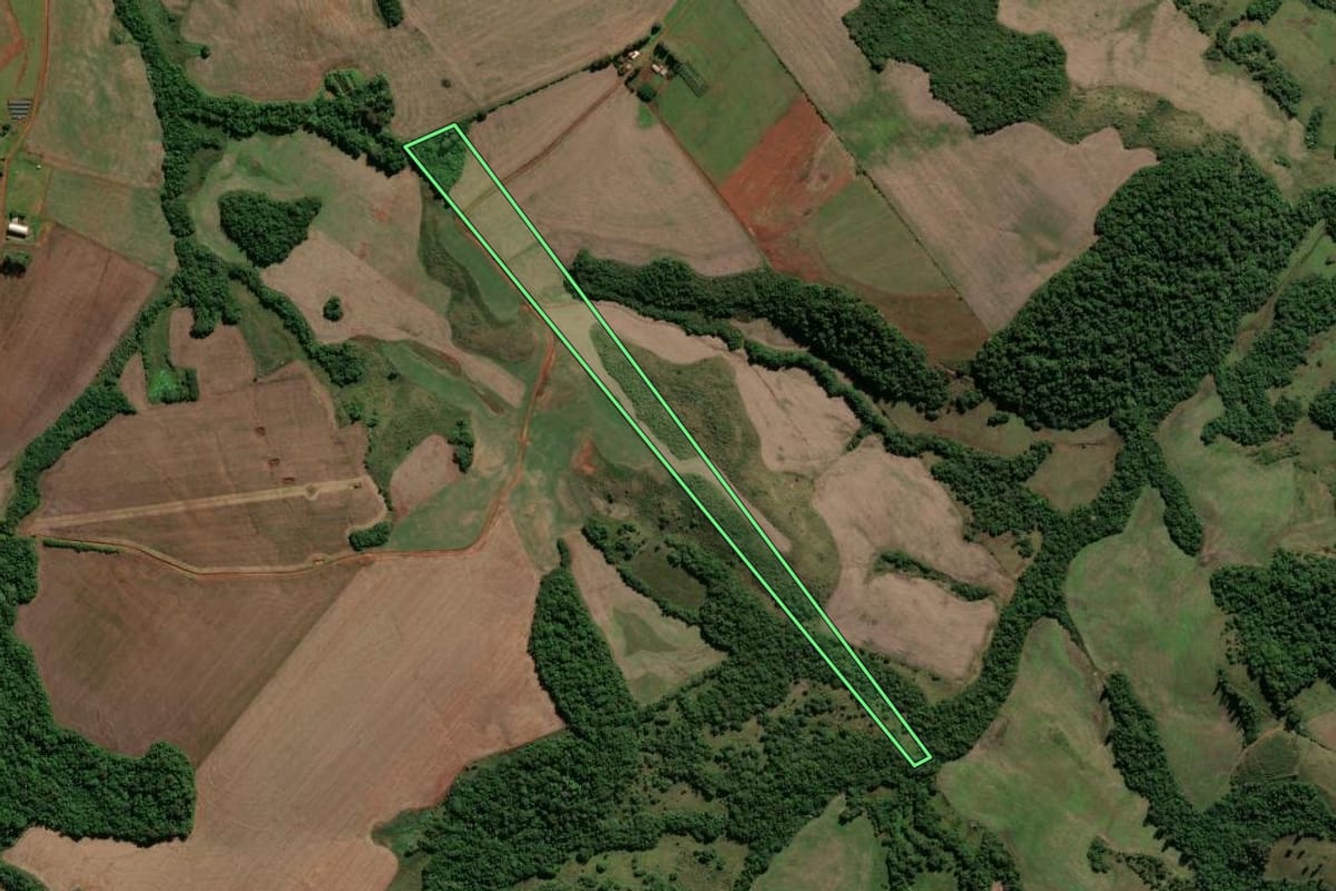 Imagem de satélite do imóvel rural em São Luiz Gonzaga (RS), com o contorno declarado no CAR desenhado por cima.