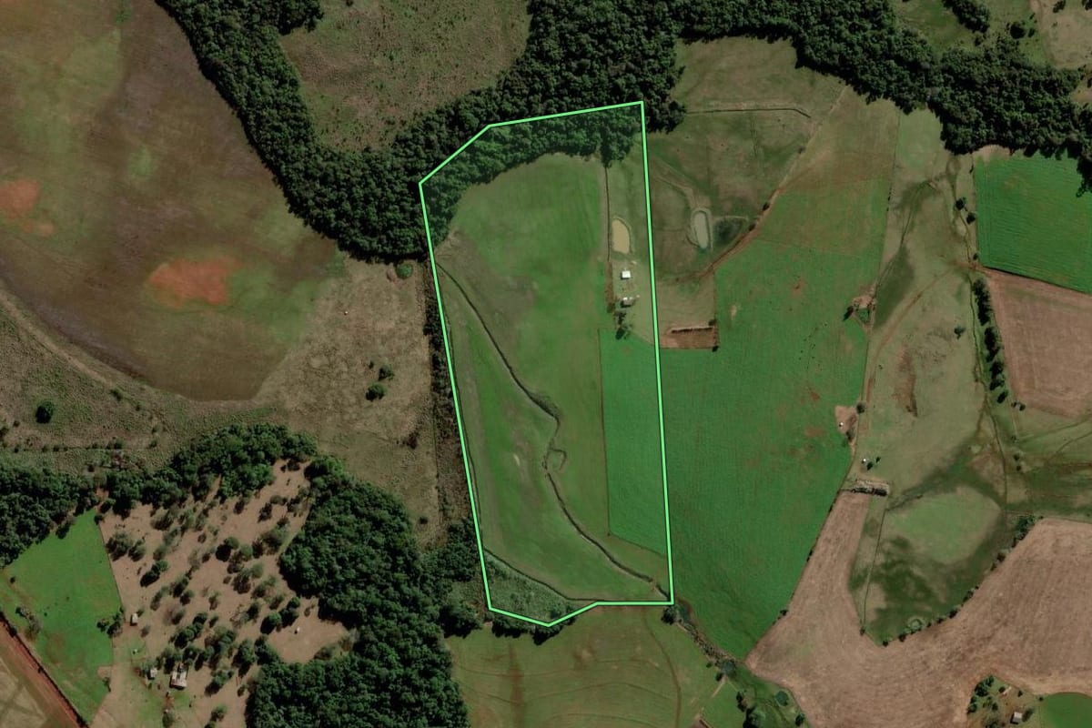 Imagem de satélite do imóvel rural em São Luiz Gonzaga (RS), com o contorno declarado no CAR desenhado por cima.