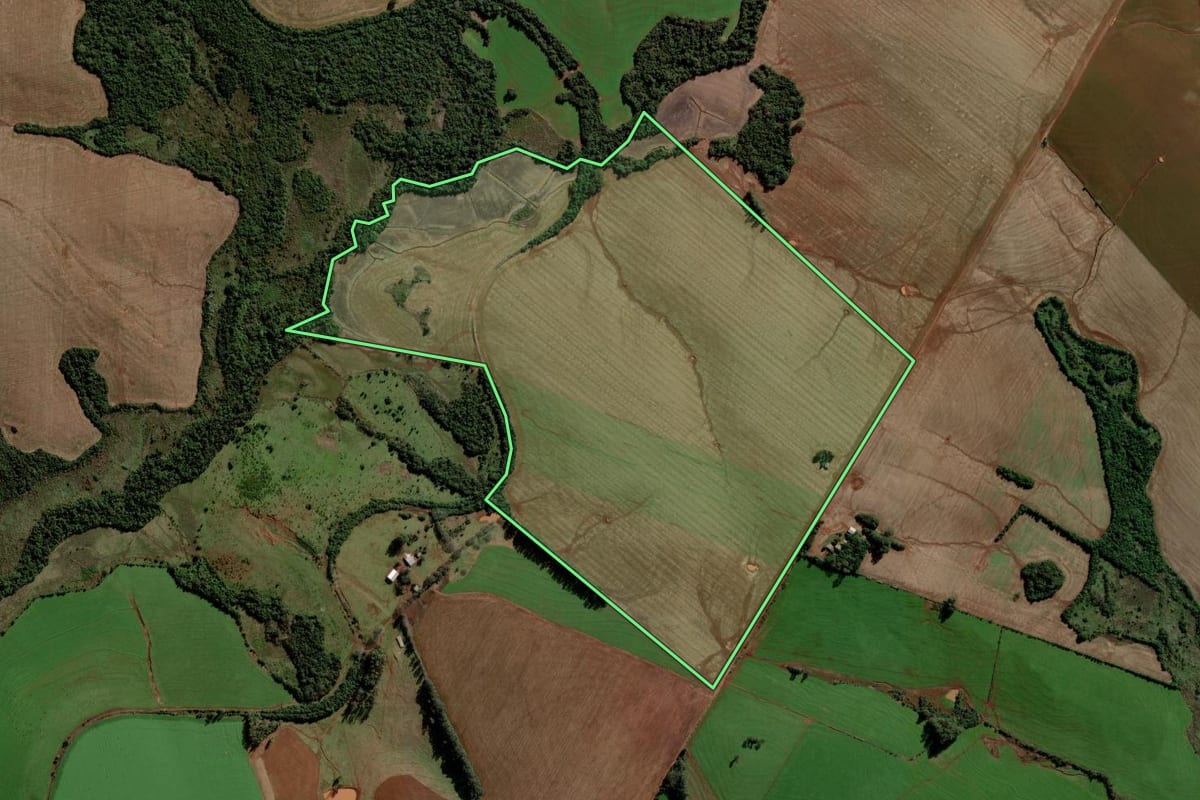 Imagem de satélite do imóvel rural em São Luiz Gonzaga (RS), com o contorno declarado no CAR desenhado por cima.