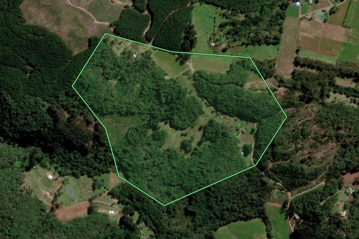 Imagem de satélite do imóvel rural em São Marcos (RS), com o contorno declarado no CAR desenhado por cima.
