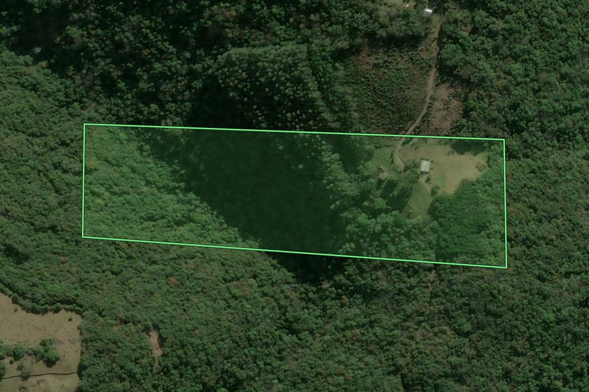 Imagem de satélite do imóvel rural em São Marcos (RS), com o contorno declarado no CAR desenhado por cima.
