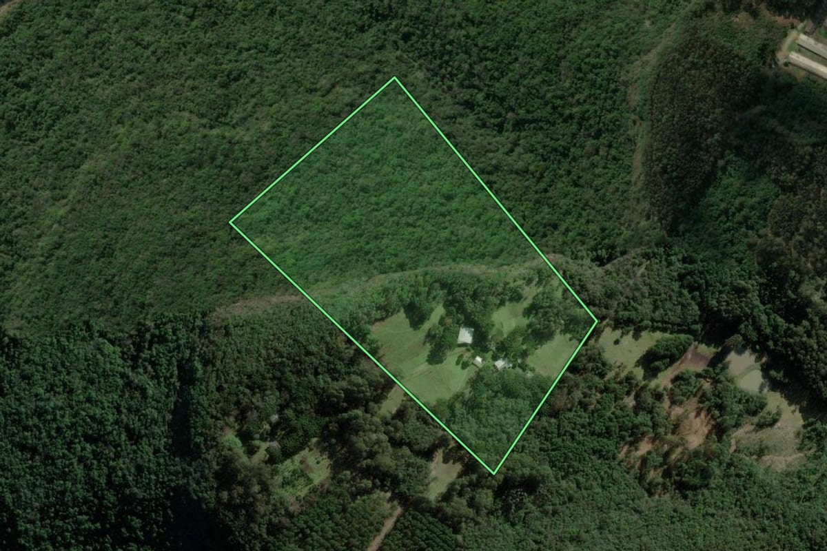 Imagem de satélite do imóvel rural em São Marcos (RS), com o contorno declarado no CAR desenhado por cima.