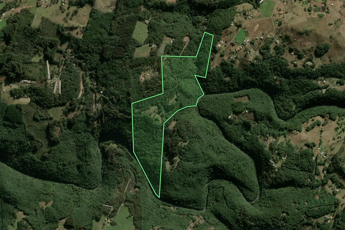 Imagem de satélite do imóvel rural em São Marcos (RS), com o contorno declarado no CAR desenhado por cima.