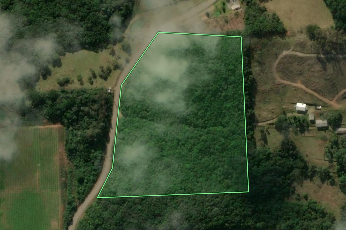 Imagem de satélite do imóvel rural em São Marcos (RS), com o contorno declarado no CAR desenhado por cima.