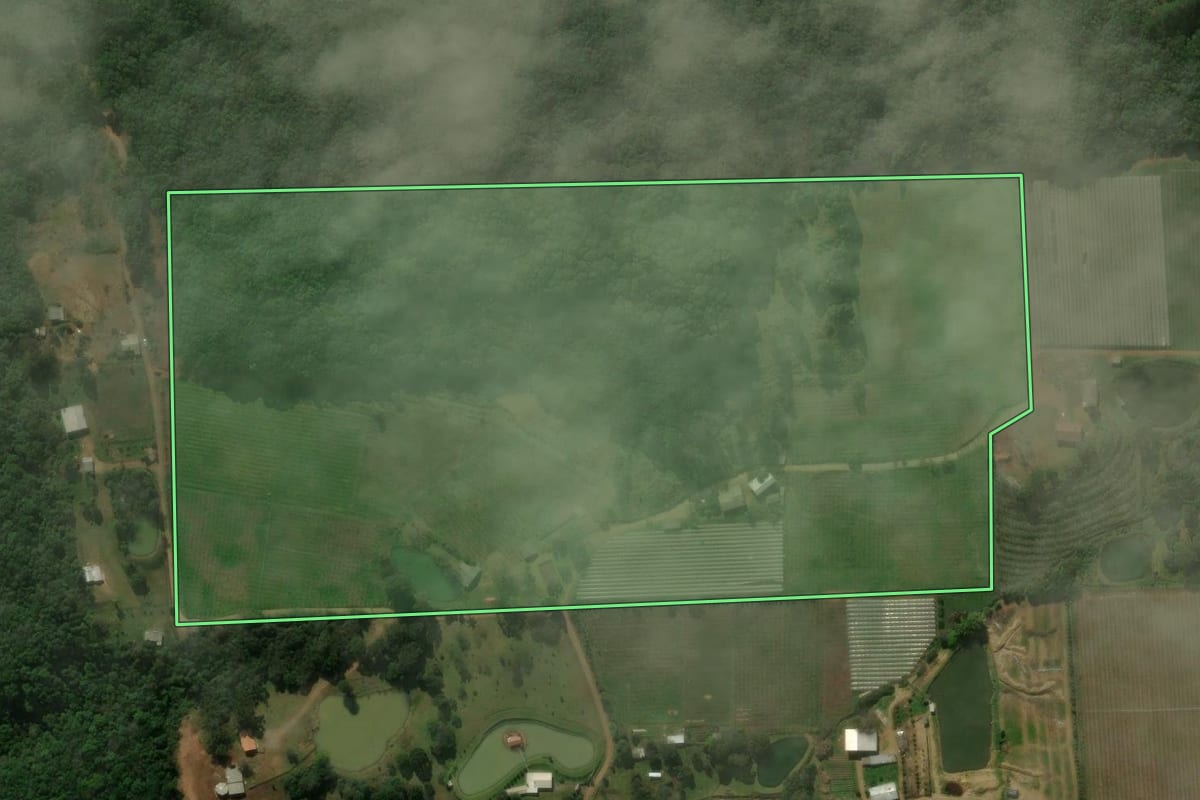 Imagem de satélite do imóvel rural em São Marcos (RS), com o contorno declarado no CAR desenhado por cima.
