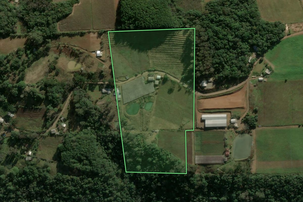 Imagem de satélite do imóvel rural em São Marcos (RS), com o contorno declarado no CAR desenhado por cima.
