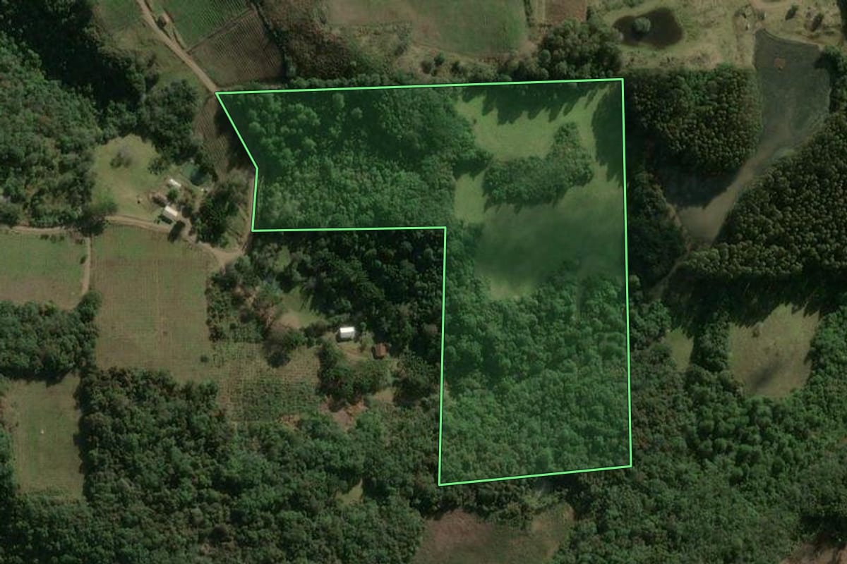 Imagem de satélite do imóvel rural em São Marcos (RS), com o contorno declarado no CAR desenhado por cima.