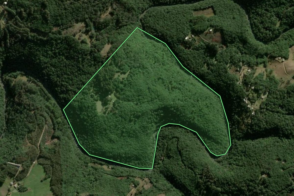 Imagem de satélite do imóvel rural em São Marcos (RS), com o contorno declarado no CAR desenhado por cima.
