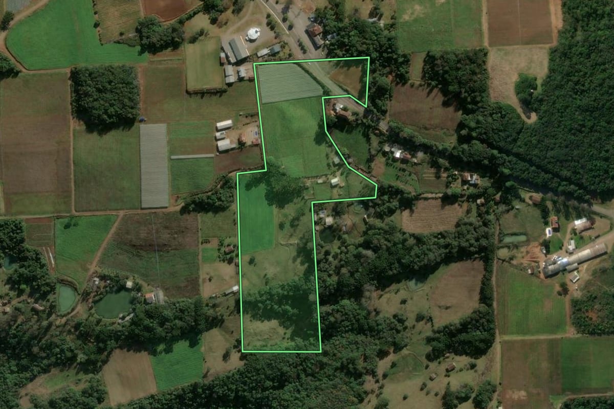 Imagem de satélite do imóvel rural em São Marcos (RS), com o contorno declarado no CAR desenhado por cima.