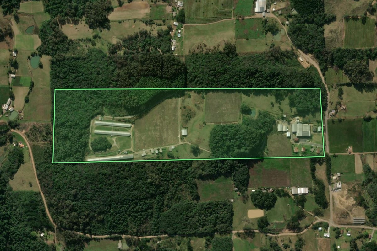 Imagem de satélite do imóvel rural em São Marcos (RS), com o contorno declarado no CAR desenhado por cima.