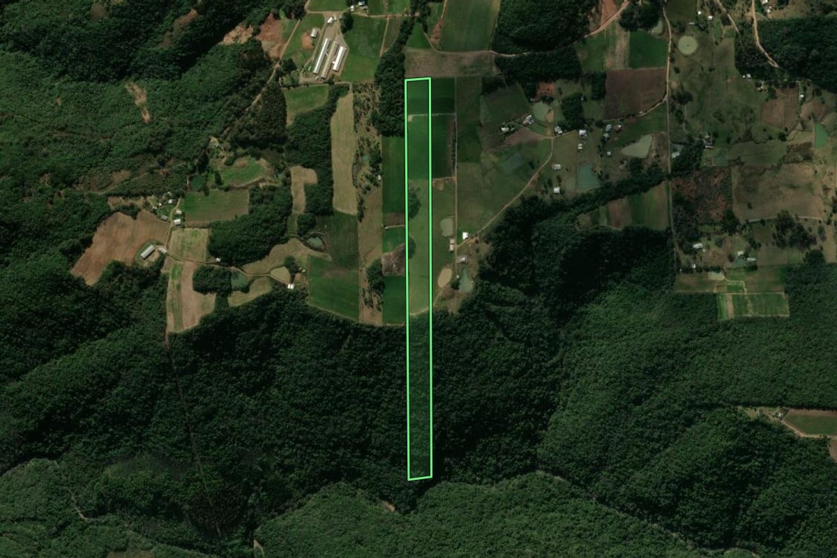 Imagem de satélite do imóvel rural em São Marcos (RS), com o contorno declarado no CAR desenhado por cima.