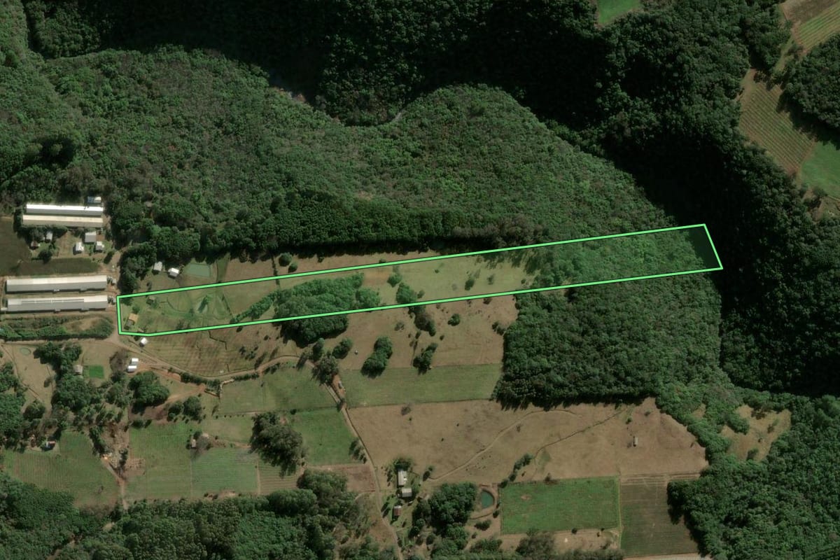 Imagem de satélite do imóvel rural em São Marcos (RS), com o contorno declarado no CAR desenhado por cima.
