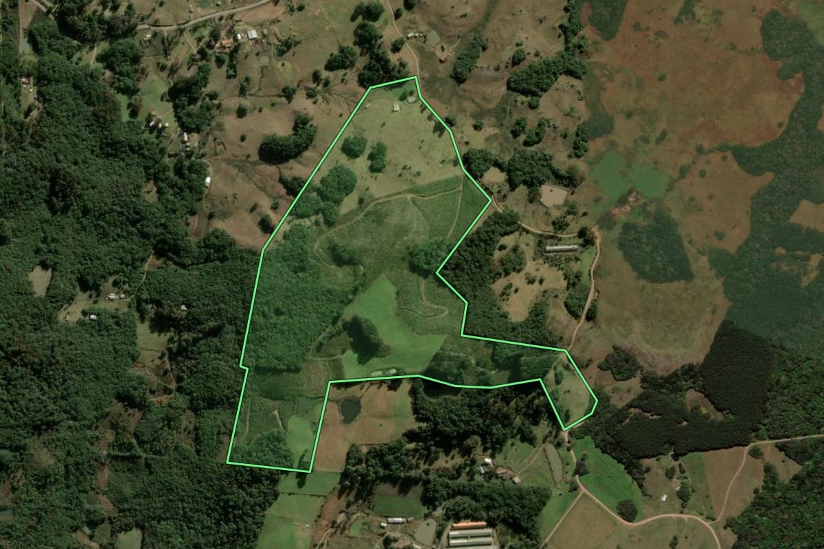 Imagem de satélite do imóvel rural em São Marcos (RS), com o contorno declarado no CAR desenhado por cima.