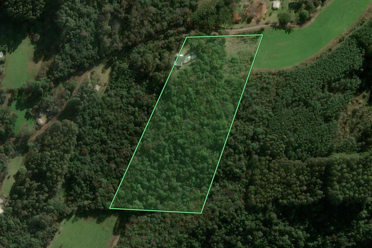 Imagem de satélite do imóvel rural em São Marcos (RS), com o contorno declarado no CAR desenhado por cima.