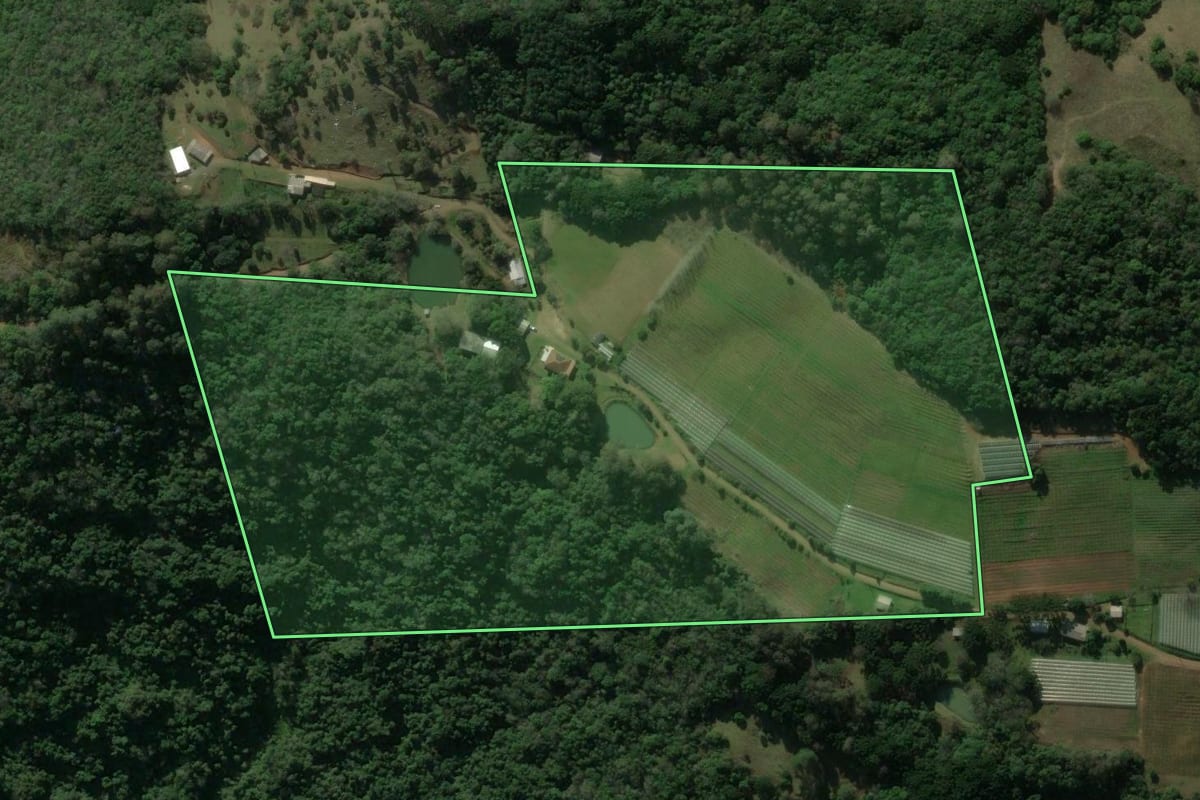 Imagem de satélite do imóvel rural em São Marcos (RS), com o contorno declarado no CAR desenhado por cima.